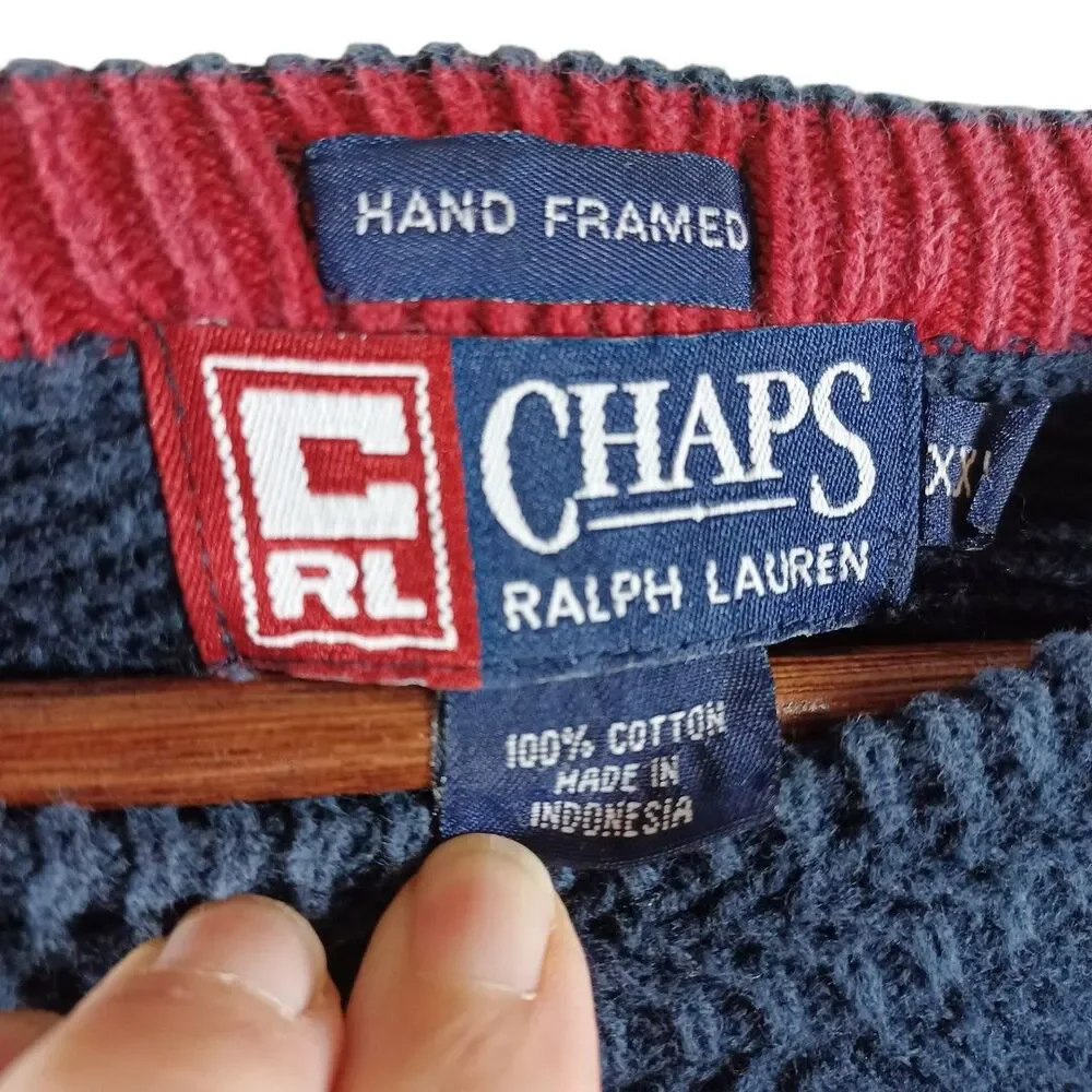 Vtg Chaps Ralph Lauren Sweater XXL Blue Herringbone Knit CRL Crest Hand Framed